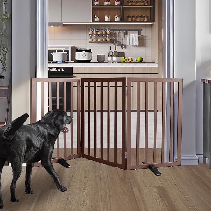 ZJSF Freestanding Indoor Dog Gate for House Foldable Wood Puppy Gate for Doorways Pet Gate for Stairs Extra Wide Pet Fence, Brown, 32" Height 3 Panels