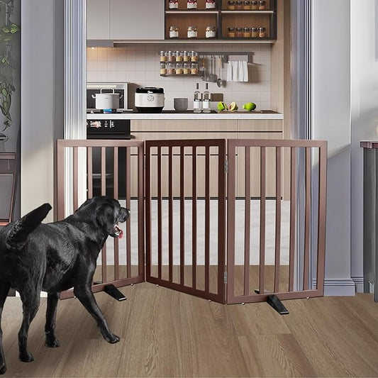 ZJSF Freestanding Indoor Dog Gate for House Foldable Wood Puppy Gate for Doorways Pet Gate for Stairs Extra Wide Pet Fence, Brown, 32" Height 3 Panels