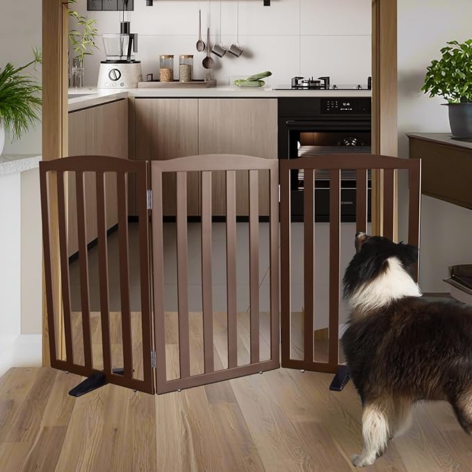 ZJSF Foldable Freestanding Indoor Dog Gate for House Wood Long Pet Gates Dog Fence for Stairs Puppy Gates for Hallways, Puppy Gate,Support Feet Included, Brown, 32 "Height-3 Panels