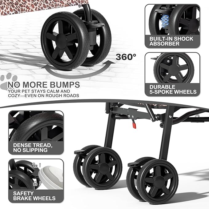 MoNiBloom 4 Wheels Pet Stroller, Easy-Fold Umbrella Shaped Dog Cat Jogger Stroller w/Storage Bag & Visible Mesh for Small/Medium Dogs Cats Leopard Print