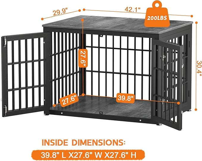 42 Inch Heavy Duty Dog Crate Furniture for Large and Medium Dogs, Decorative Pet House End Table, Wooden Cage Kennel Furniture Indoor, Gray