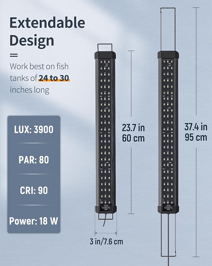 Pawfly 18 W Aquarium LED Light for 24 to 30 Inch Extendable Fish Tank Light with Full Spectrum Brilliant White Blue Red Lights with Daytime & Night Modes Timer Auto On/Off Adjustable Brightness