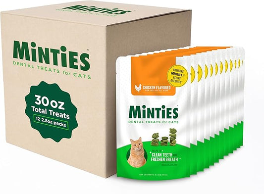 Minties Dental Treats for Cats, Chicken Flavored Treats for Cats, Freshens Breath and Controls Tartar, 30oz (12 2.5oz Bags)