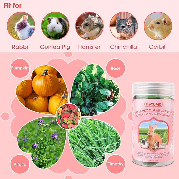 KATUMO Rabbit Chew Toys, 200g / 7oz Mixed Natural Timothy Hay Beet Pumpkin Carrot Chew Toys and Treats for Hamster, Chinchilla, Guinea Pig, Rabbit, Small Animals Molar Snacks