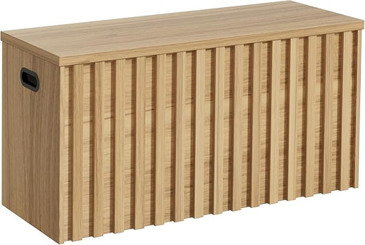 UEV Storage Bench,39.4" Wood Box, Storage Trunk with 2 Safety Hinges, Ottoman Storage Chest, Fluted Storage Bench for Bedroom, Entryway, Living Room(Natural Wood)