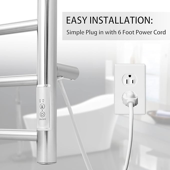 KEG Towel Warmer Wall Mounted with Built-in Timer 4 Bars Electric Stainless Steel Heated Towel Racks for Bathroom, Hot Plug-in Bath Towel Heater Polish Chrome