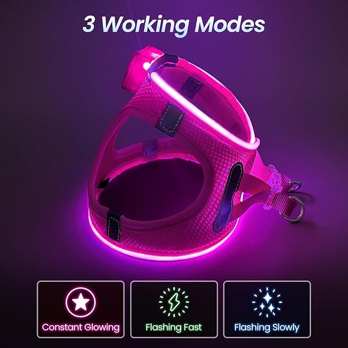 PceoTllar Light Up Dog Harness, LED No Pull Reflective Dog Harness, Flashing Lighted for Night Walking - Small/Medium, (Pink,L)