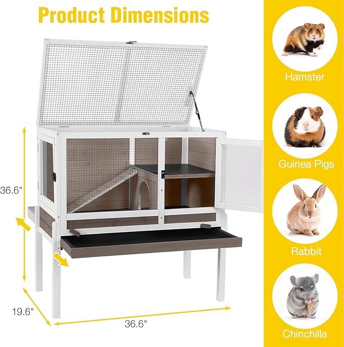 AIVITUVIN Wooden Guinea Pig Cage Indoor with Cooling Plate and Anti-Chewing Edges Two-Story Rabbit Hutch Pull Out Tray Outdoor Rabbit Cage with Raised Stand and Wire Mesh Small Animals Cage (Brown