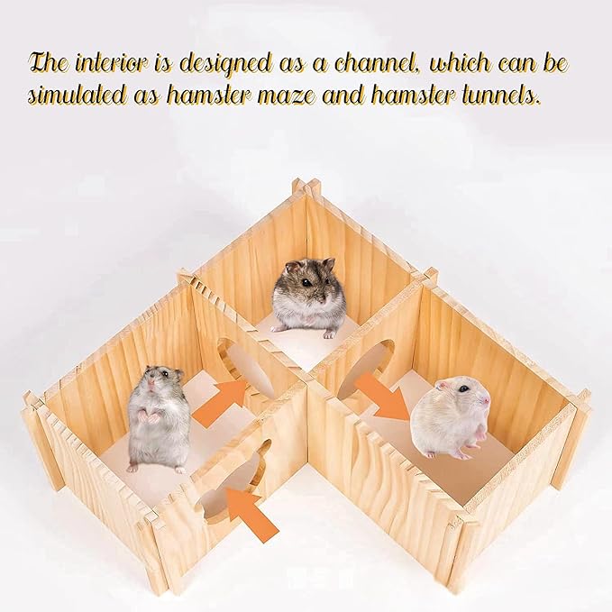 Natural Wooden Hamster House Hideout Multi-Chamber Hamster Maze Tunnel Detachable Small Pet House Habitats Exploring Toys for Dwarf Hamster, Hedgehog, Rats, Gerbils, Mice, Guinea Pigs