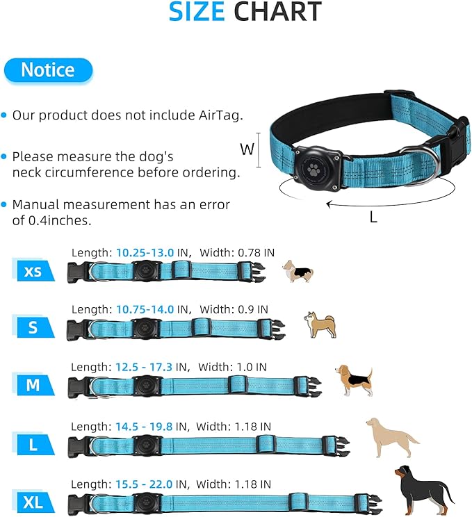 Upgraded AirTag Dog Collar, IP68 Waterproof Air Tag Dog Collar Holder, Reflective, Ultra-Durable, Comfortable Padded, Heavy Duty Dog Collars for Small Medium Large Dogs (S (10.6"-13.6"), Blue)