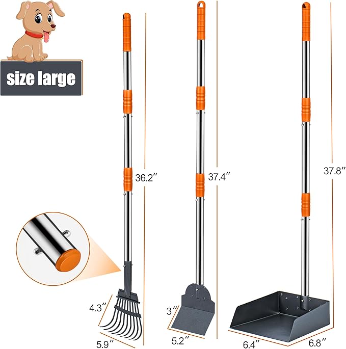 Niubya Pooper Scooper for Dogs, Metal Poop Scooper Tray Spade and Rake Set, Poop Scoop with Adjustable Long Handle, Dog Pooper Scooper for Pet Waste Removal