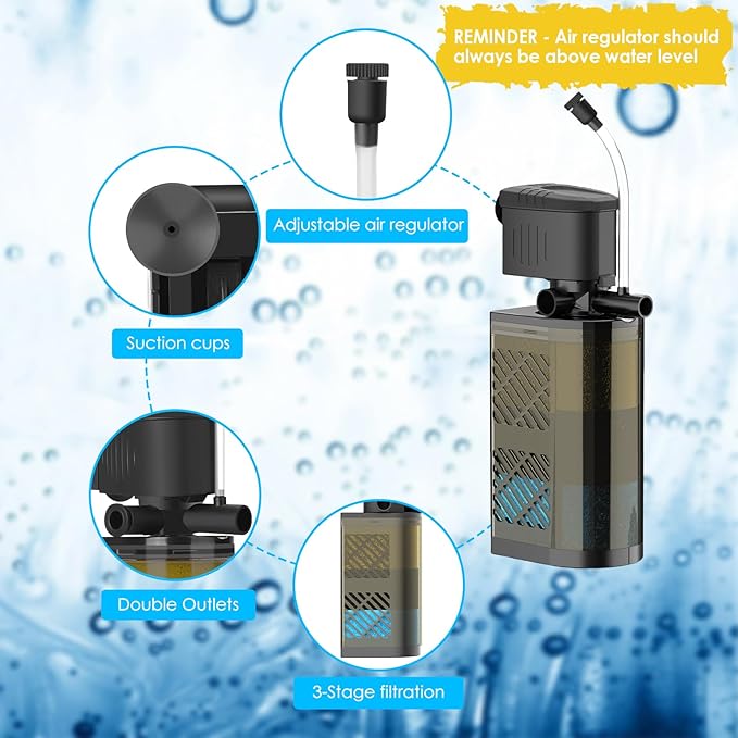 Submersible Aquarium Filter 3-Stage Fish Filter for Fish Tank, Turtle Filter Fish Tank Filter with Aeration & Dual Water Outlet, Turtle Tank Filter Pump for 40-70 GAL Aquariums