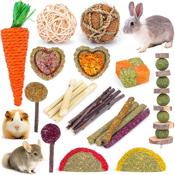 VESPRO Bunny Teys for Rabbits Hamster/Guinea Pig Toys Natural Timothy Hay Sticks chew Treats and Balls for Rabbit, Bunny, chinehila, Guirea Pig, Hamster, Bunny Teeth Care