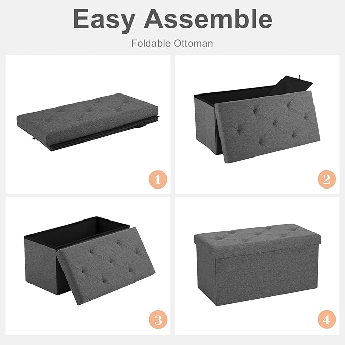 Sweetcrispy 30 Inches Folding Storage Ottoman Bench, Large End of Bed Foot Rest Stools Ottoman Storage Chest with Padded Seat for Bedroom, Living Room, Entryway, Holds up to 660 lb, Deep Grey