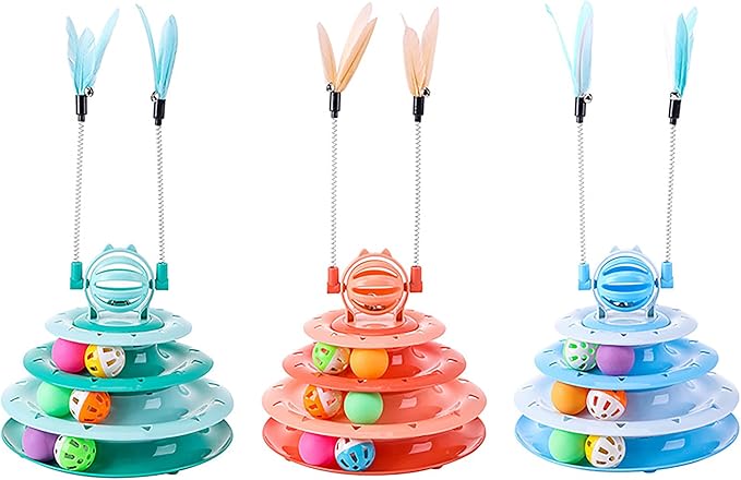 Vealind Cat Toy Roller 4-Level Turntable Cat Toys Balls with Colorful Pom Pom Balls Interactive Fun Mental Physical Exercise Puzzle Kitten Toys (Green)