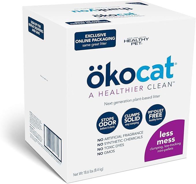 ökocat Less Mess Low Tracking Wood Clumping Cat Litter Mini- Pellets, Unscented, 18.6 pounds - Natural Ingredients, Stops Odor, Clumps Solid, 99% Dust Free, Great for Long-Hair Breeds