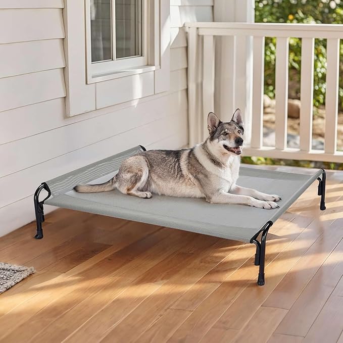 Veehoo Outdoor Elevated Dog Bed, Raised Dog Cot for Large Dogs, Cooling Washable Waterproof Pet Hammock Beds with Slope Headrest, Breathable Mesh and Sturdy Frame, Large, Grey, CWC2204