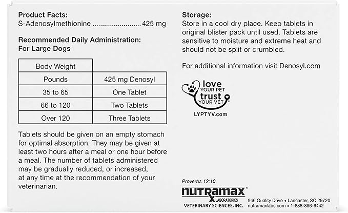 Nutramax Laboratories Denosyl Liver and Brain Health Supplement for Large Dogs, With S-Adenosylmethionine (SAMe), 30 Tablets