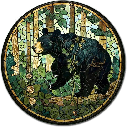 Lygond Metal Sign Tin Sign Circular Stained Glass American Black Bear Minimalist Wall Art for Garage 8×8 Inches