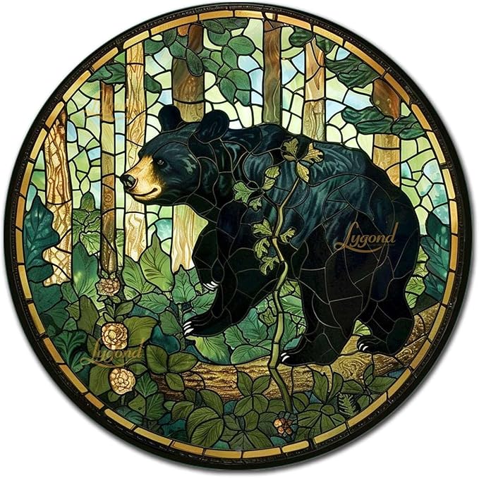 Lygond Metal Sign Tin Sign Circular Stained Glass American Black Bear Funny Bathroom Wall Decor for Restaurant 12×12 Inches