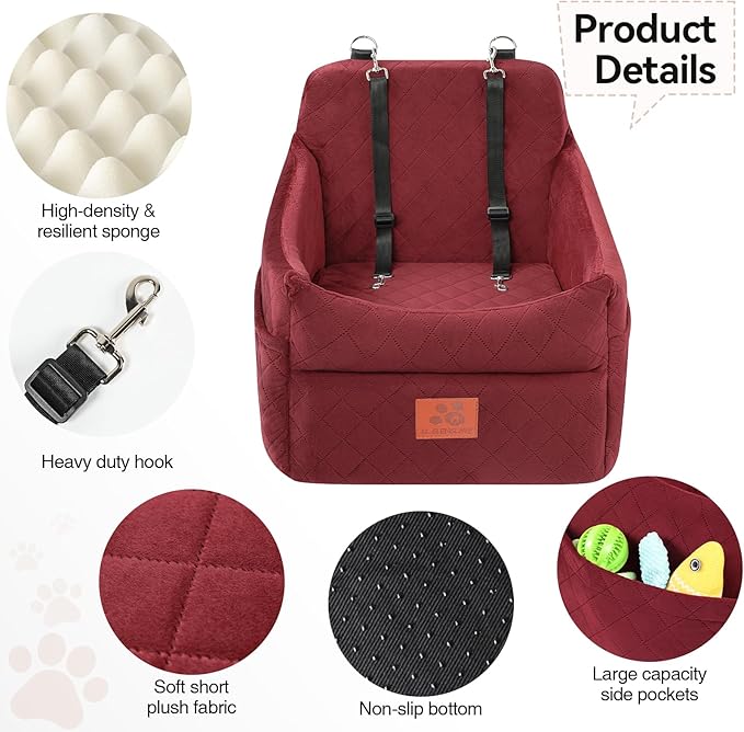 Dog Car Seat for Small/Medium Dogs, Dog Booster Car Seats with Thick Cushion for Dogs Under 35lbs, Detachable Washable Pet Car Seat with Storage Pockets, 2 Safety Belts(Red)