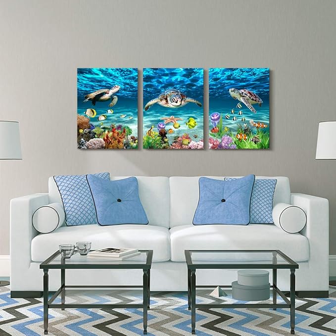 Canvas Wall Art for Living Room Large Size Wall decor for Bedroom Bathroom Wall Decoration blue Ocean Sea Turtle Paintings Modern shark Pictures Artwork office Decor Ready to Hang 16" x 24" 3 Piece