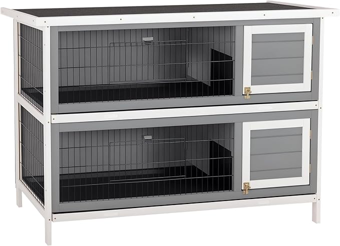 PawHut 54" 2-Story Large Rabbit Hutch Bunny Cage Wooden Pet House Small Animal Habitat with Lockable Doors, No Leak Tray and Waterproof Roof for Outdoor/Indoor Dark Grey