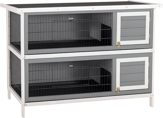 PawHut 54" 2-Story Large Rabbit Hutch Bunny Cage Wooden Pet House Small Animal Habitat with Lockable Doors, No Leak Tray and Waterproof Roof for Outdoor/Indoor Dark Grey
