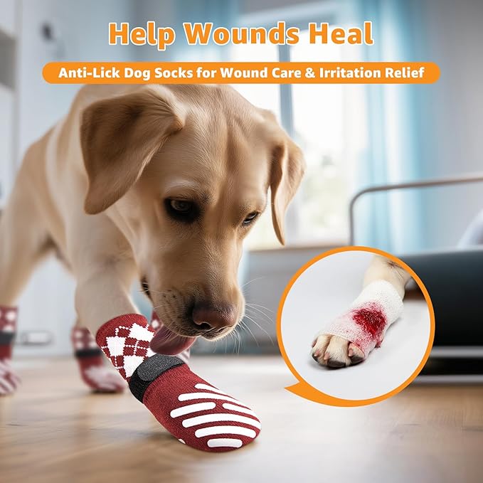 LOOBANI Dog Socks to Prevent Licking Paws - Dog Socks for Hardwood Floors Anti Slip for Traction Control - Dog Grippy Socks for Senior Dog Small Medium Large Dogs on Tile Floors, Red XL