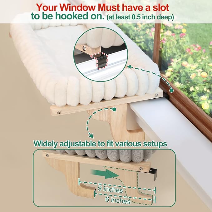 SnugCloud Cat Window Perch with 4-Sided Bolster - Orthopedic Cat Hammock for Window Sill - Solid Hardwood & Metal Frame - Window Seat for Pets (Natural Color Wood w/White Bed, Large)