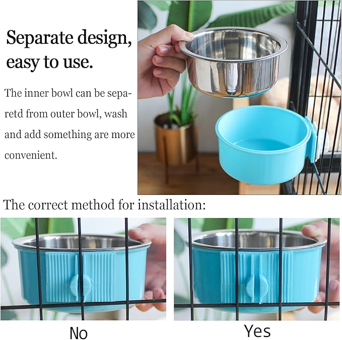 kathson Crate Dog Bowl, Removable Stainless Steel Hanging Pet Cage Bowl Food & Water Feeder Coop Cup for Cat, Puppy, Birds, Rats, Guinea Pigs 3pcs(Blue,Green,Pink)