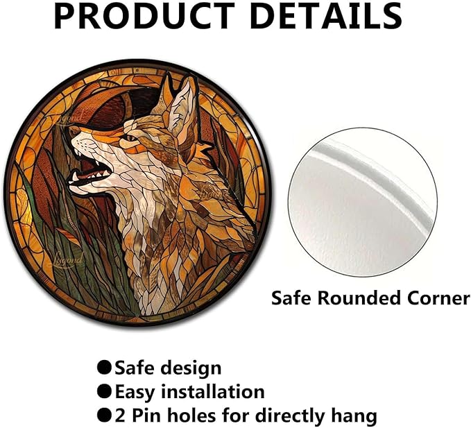 Lygond Metal Sign Tin Sign Circular Stained Glass Coyote Gardening Poster for Home Decor 8×8 Inches