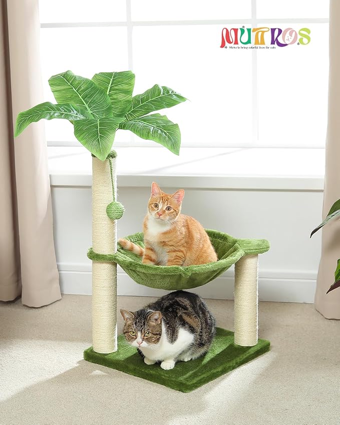 Small Cat Tree, 28" Cat Tower with Sisal Scratching Posts and Coconut Leaves for Indoor Small Cats, Large Hammock and Dangling Ball for Kittens, Green