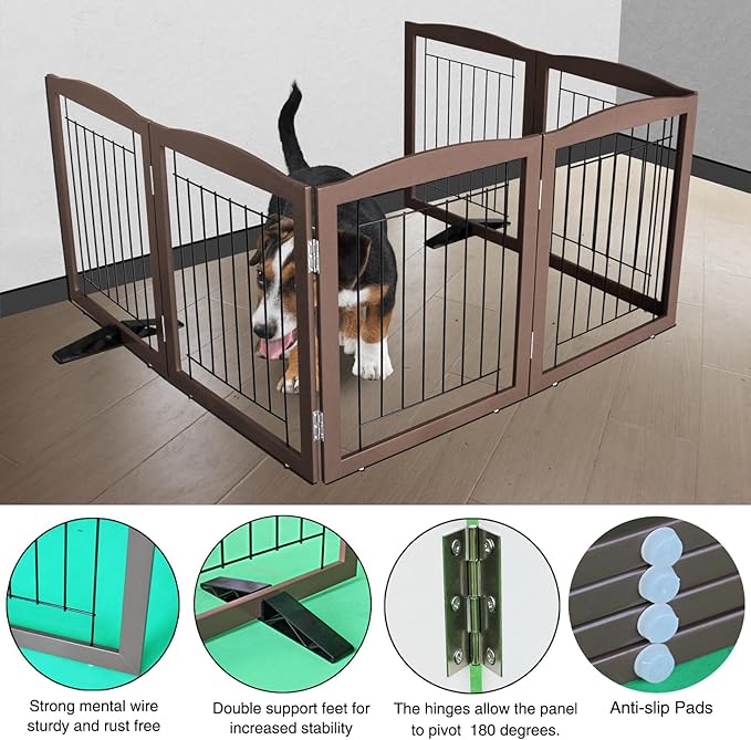 ZJSF Freestanding Dog Fence Indoor, Foldable Dog Gate for Doorways, Stairs or Hallways, Sturdy Wood Extra Wide Pet Gate with Support Feet for The House, Brown, 32 "Height-6 Panels