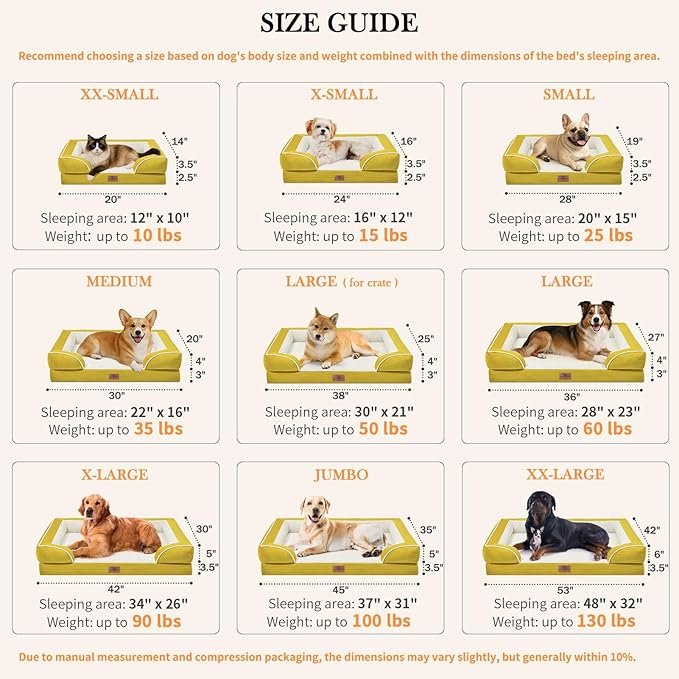 Comfort Expression Small Dog Beds Waterproof Cat Beds Orthopedic Foam Sofa Beds for Small Dogs Comfy Pet Bed with Washable Removable Cover & Non-Slip Bottom(XX-Small,Spicy Mustard)