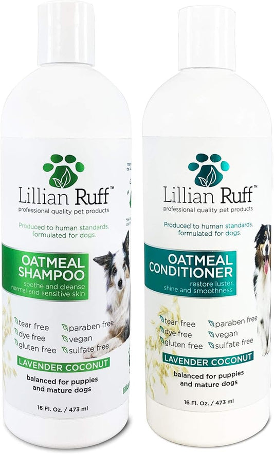 Lillian Ruff Calming Oatmeal Pet Shampoo & Conditioner for Dry Skin & Itch Relief with Aloe & Hydrating Essential Oils - Replenish Moisture & Deodorize - Dog Shampoo & Conditioner for Sensitive Skin