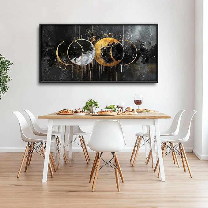 Quorin Abstract Sun Moon Large Wall Art Black and Gold Circle Pictures Sun and Moon Wall Decor Canvas Print Painting Artwork for Bathroom Living Room Bedroom 60L x 30W