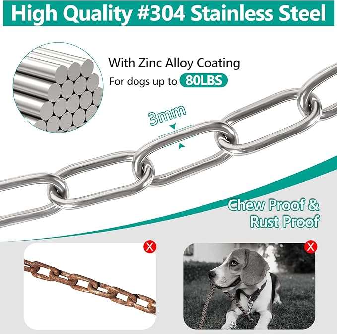 Tresbro Heavy Duty Dog Chains for Outside, 40FT Stainless Steel Tie Out Cable with Swivel Hook for Small Medium Dogs, Metal Chew Proof Pet Runner Chain Leash Lead for Outdoor Camping Hiking Yard, 3MM