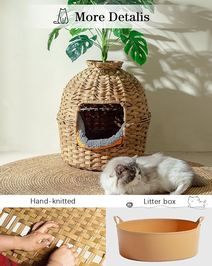 Cat Litter Box Plant Furniture Enclosure, Hidden Handwoven Rattan with Cat Litter Box and Artificial Plants, Odor Control Filter, Real Stones in Living Room, Bedroom, Corner Natural