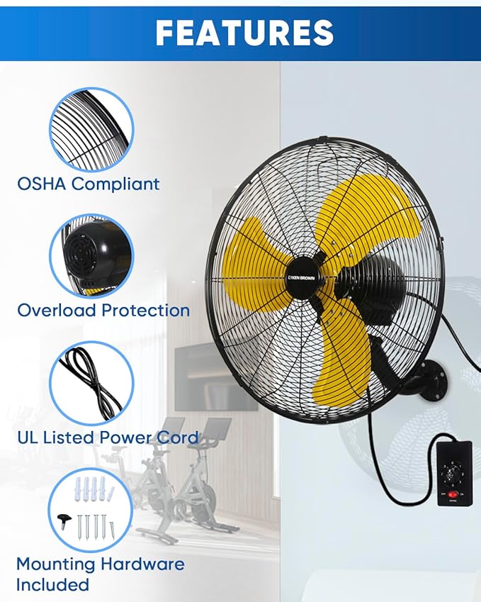 KEN BROWN 20 Inch Oscillating Wall Mount Fan, 4,460 CFM High Velocity Industrial Wall Fan for Indoor, Commercial, Residential, Warehouse, Greenhouse, Workshop, Basemen
