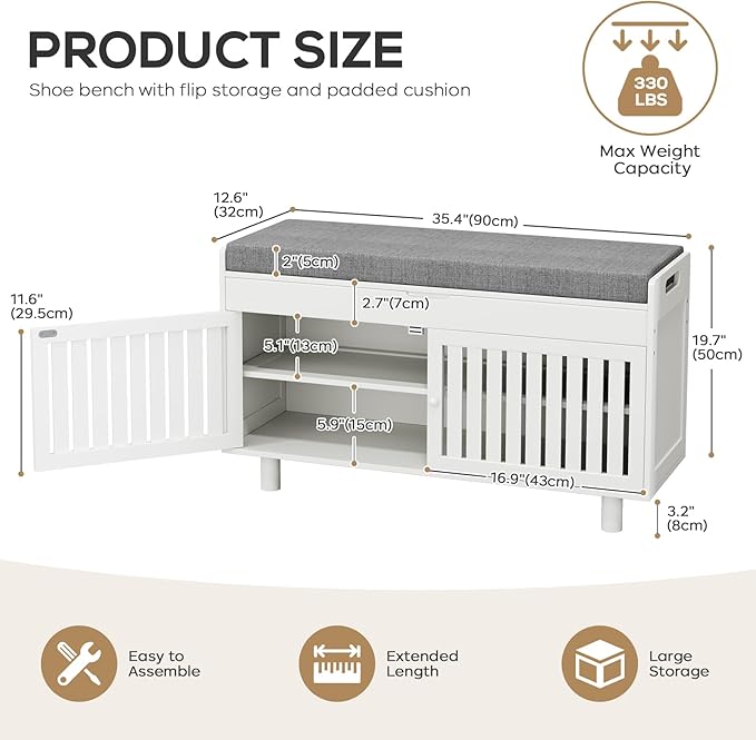 Storage Bench, Bamboo Shoe Bench with Padded Seat Cushion & 2 Doors, 2-Tier Entryway Bench with Lift Top Hidden Storage, 35.4" W x 12.6" D x 19.7" H, Shoe Rack Cabinet for Entryway, Living Room, White