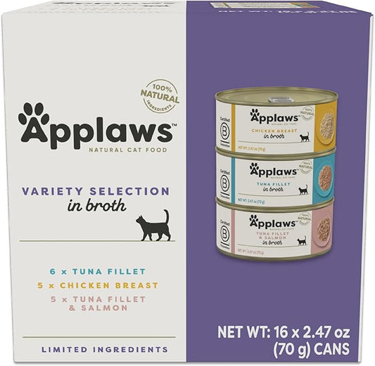 Applaws Natural Wet Canned Cat Food, Made with Limited and Natural Ingredients, Real Protein with No Artificial Additives, Variety Pack in Broth (16 x 2.47oz Cans)
