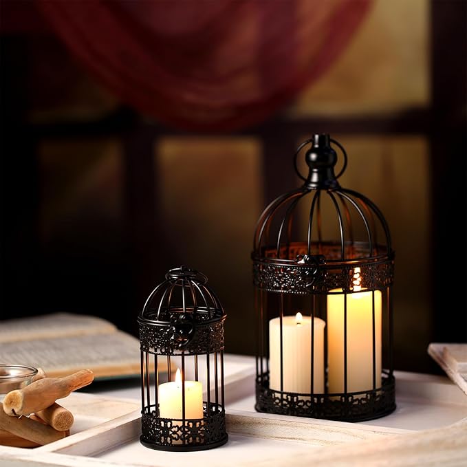 Sliner 4 Pcs Bird Cage Decorative Candle Holder Vintage Candle Holder Cage Lanterns Model for Modern Table House Home Decoration(Black)