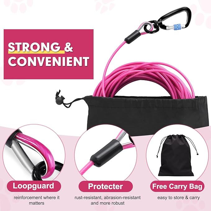 Snagle Paw Heavy Duty Dog Leads - 100FT-1000LBS, Tie Out Cable with Swivel Lockable Hook & Spring, Chew Proof Chain for Outside Dog Run