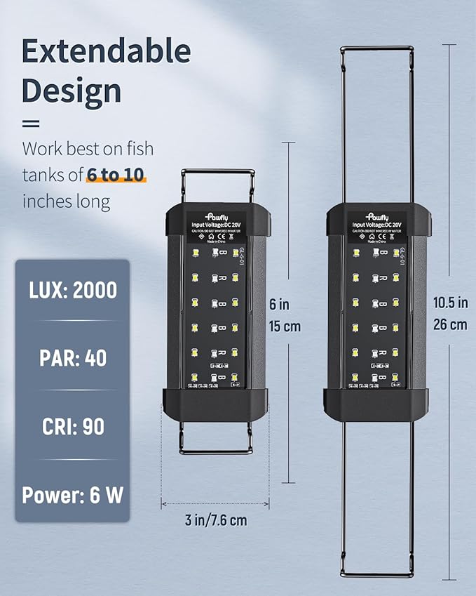 Pawfly 6 W Aquarium LED Light for 6" to 10" Fish Tanks Extendable Fish Tank Light with Full Spectrum Brilliant White Blue Red Lights with Daytime & Night Modes and Adjustable Brightness
