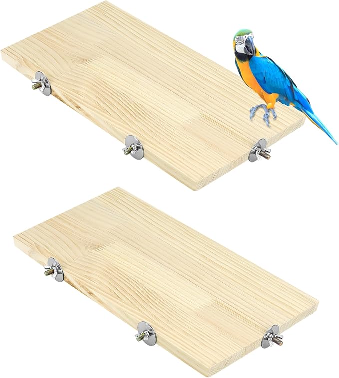 QWORK 13.6" x 7.9" Natural Wood Rectangle Stand for Bird Cages Suitable for Parakeets, Cockatiels, and Small Animals Easy Install with Stainless Steel Hardware 2 Pcs