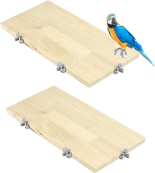 QWORK 13.6" x 7.9" Natural Wood Rectangle Stand for Bird Cages Suitable for Parakeets, Cockatiels, and Small Animals Easy Install with Stainless Steel Hardware 2 Pcs