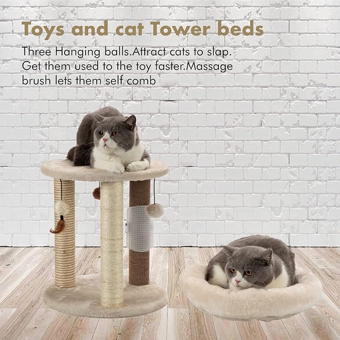 MECOOL 4in1 Small Cat Tree,Scratching Post with Tower Soft Bed, Sisal Carpet Jute Posts with Three Hanging Ball Toys and Massage Brush for Indoor Cats and Kittens