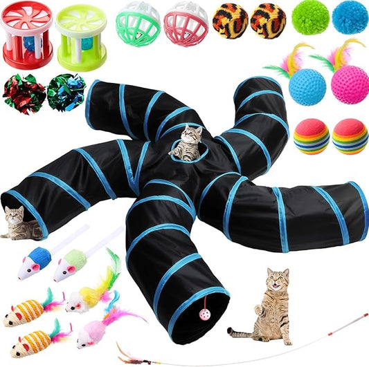Poen 21 Pcs Cat Tunnel for Indoor Set Collapsible 5 Way Tubes with 20 Pcs Cat Kitten Toys Interactive Feather Toy Mouse Crinkle Balls Tube for Puppy Kitten Rabbit(Blue Black)