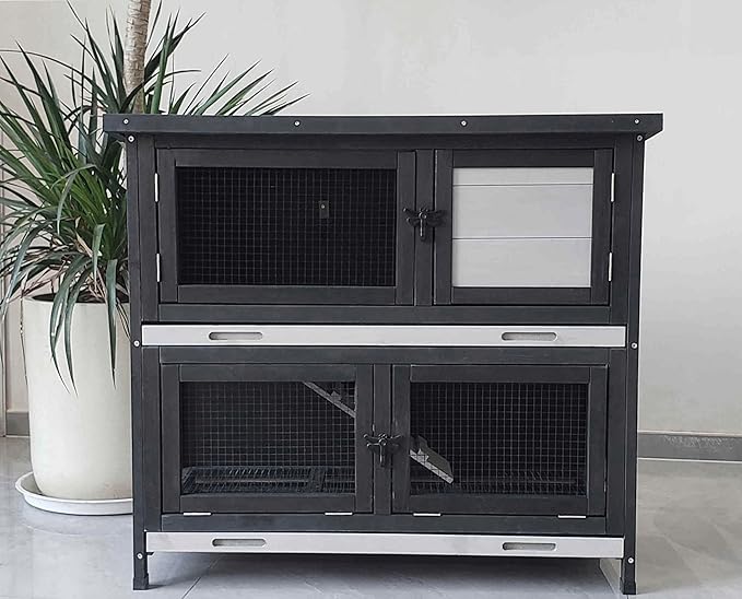 Double Level Solid Wood Rabbit Hutch Small Animal Cage for Rabbits, Guinea Pigs, Hedgehogs & Lizards Indoor/Outdoor– 2-Tier Eco-Friendly Habitat with Bedding Area, Durable & Easy to Clean